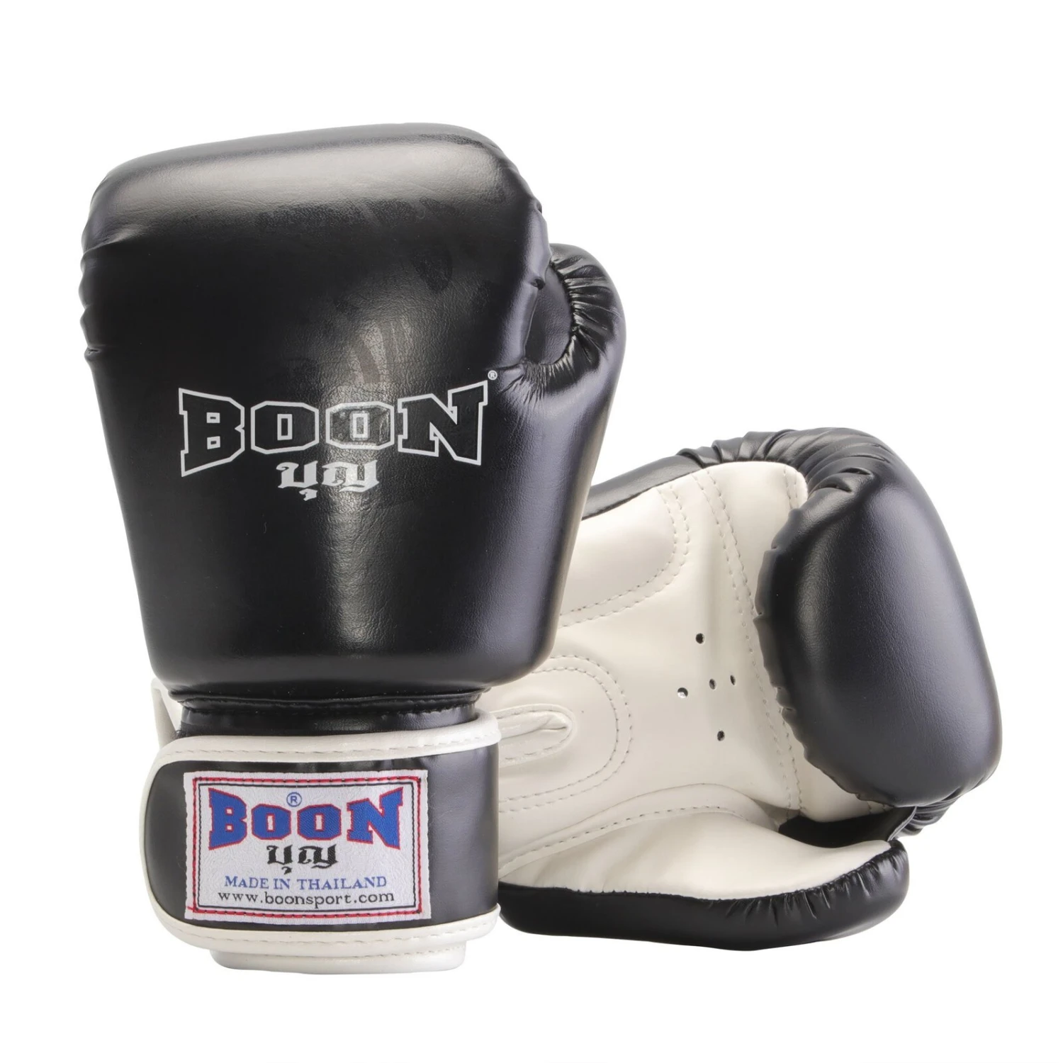 Boon Black/White Kids PU Velcro Muay Thai Gloves 2 Boon Black/White Kids PU Velcro Muay Thai Gloves - Image 2